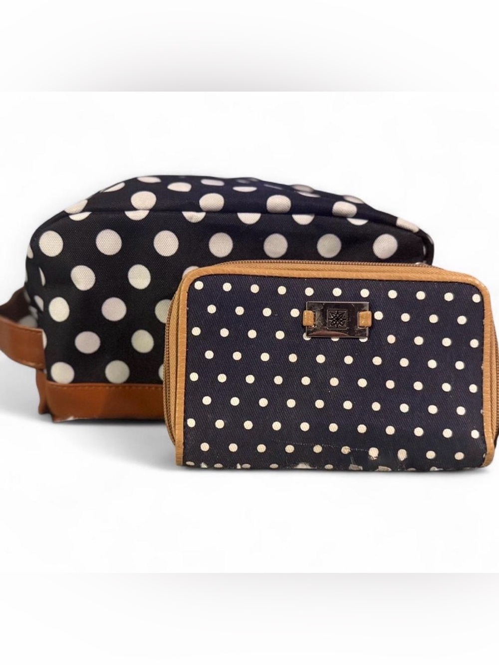 Polka Dot Toiletry Bag & Wallet Set Travel Cosmetic Organizer Canvas Brown Trim